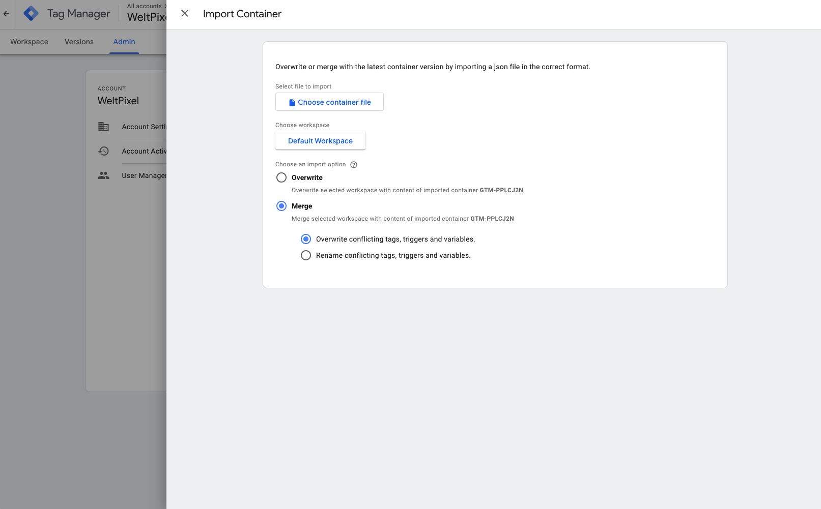 Google Tag Manager Import Container Settings