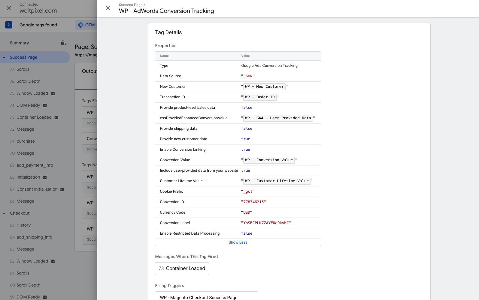 Google Tag Assistant Conversion Tracking Tag Details