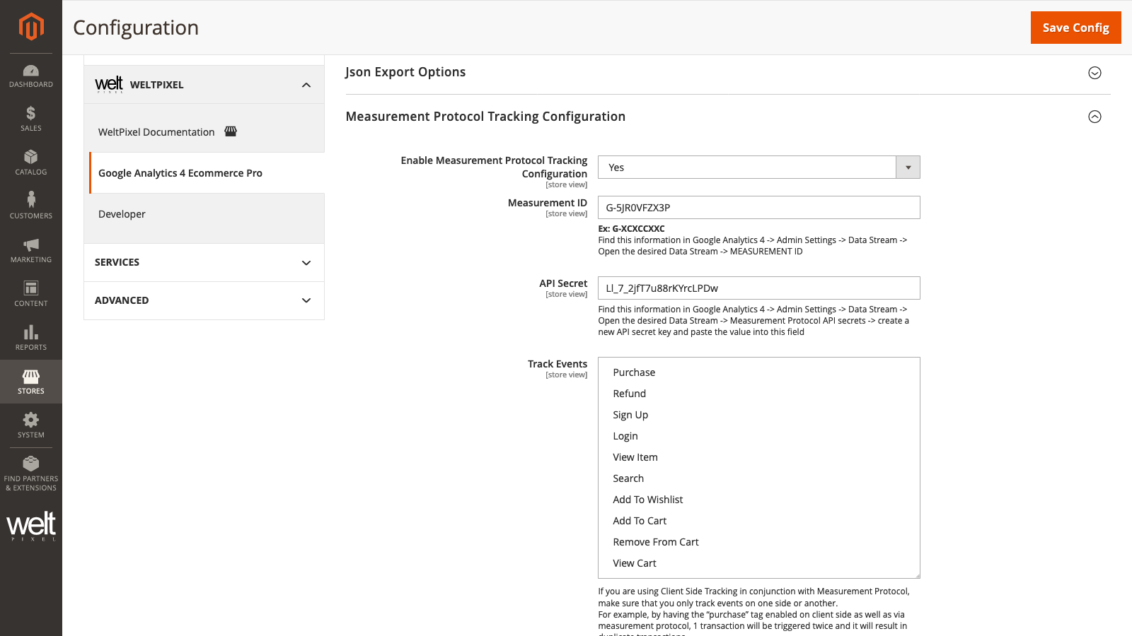 Magento Admin Measurement Protocol Settings Configured