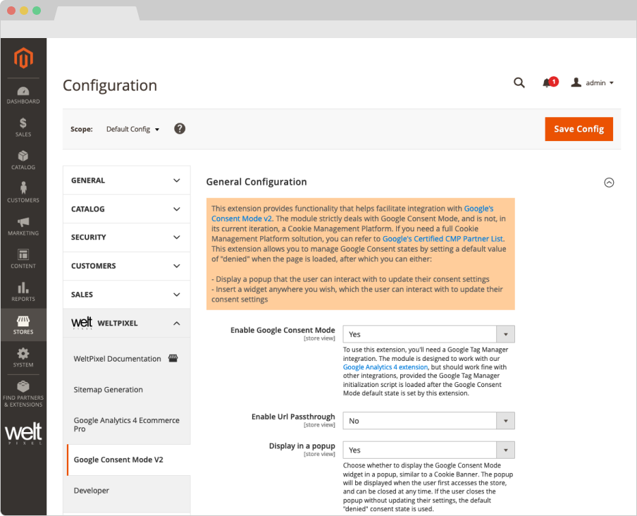 WeltPixel Google Consent Mode v2 Magento Admin Configuration 1