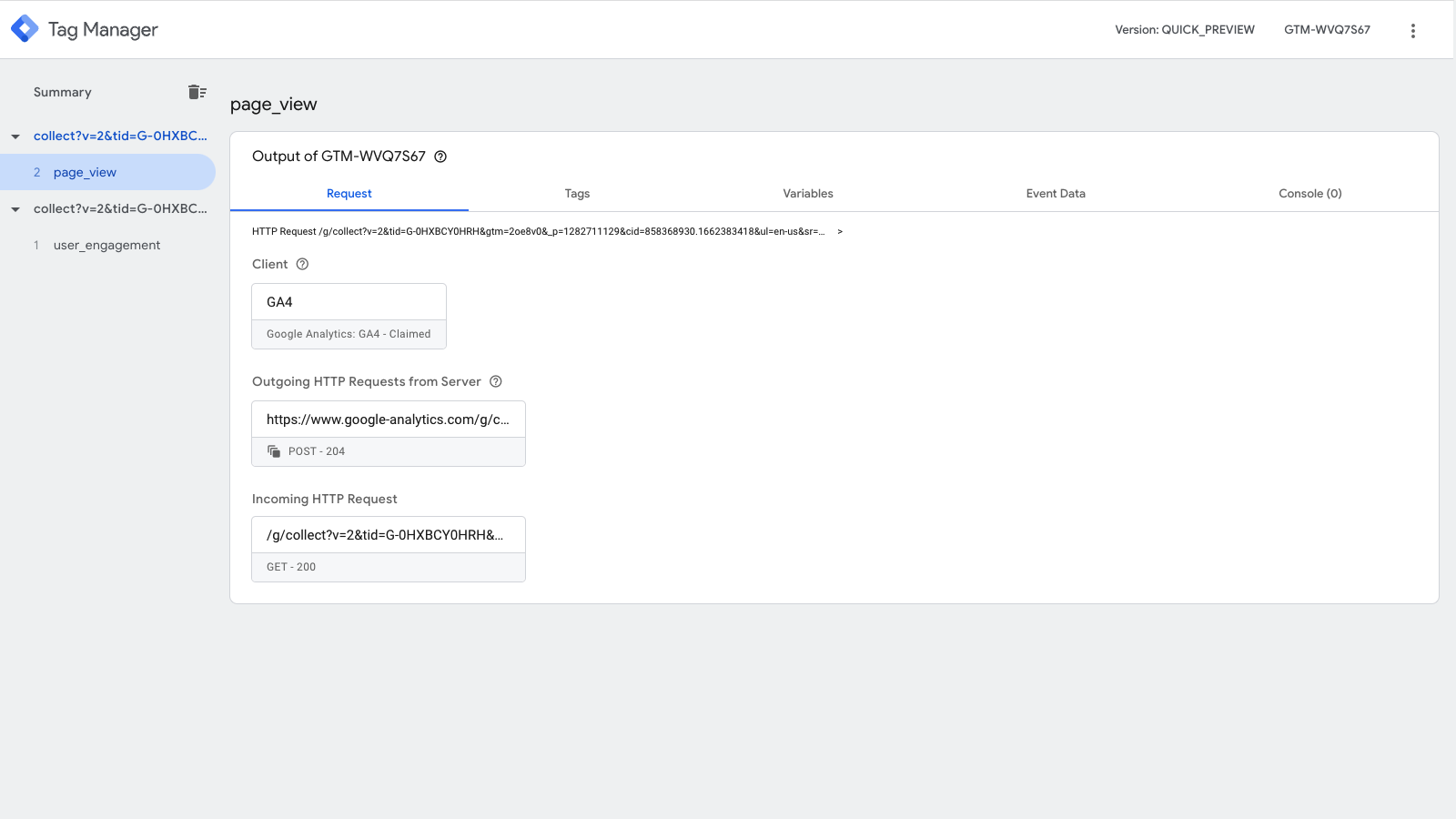 Google Tag Manager Tag Assistant Server Side Request Details