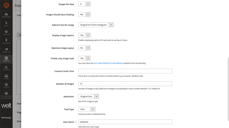 Magento 2 Instagram Feed Widget settings