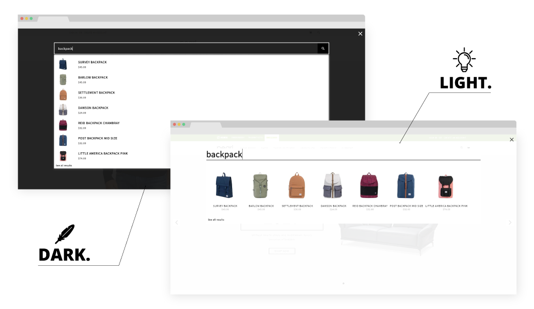 Magento 2 Ajax Search Autocomplete Extension dark and light example.