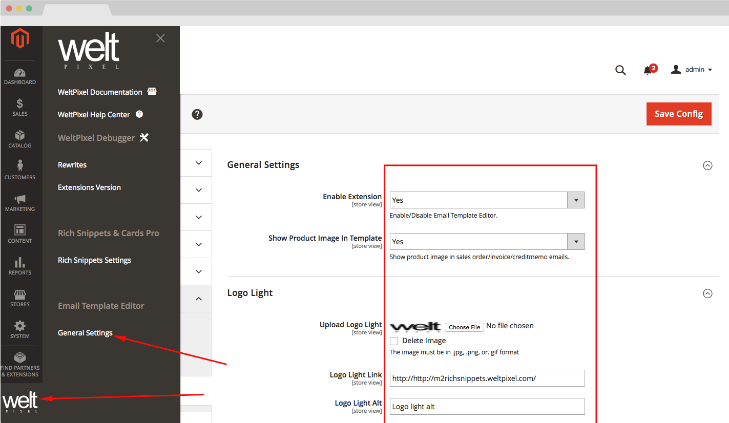 Magento 2 Transactional Email Template Editor Extension configuration enabling enhanced email extension screen