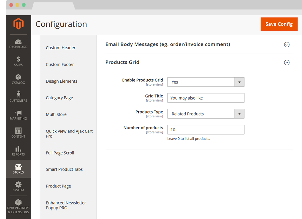 Magento 2 Transactional Email Template Editor Extension configuration Products Grid