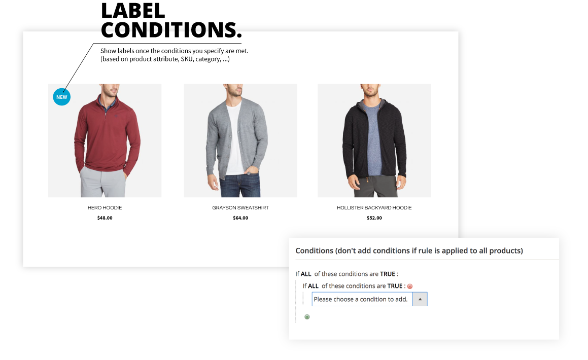 Magento 2 Product Labels Extension set conditions example.