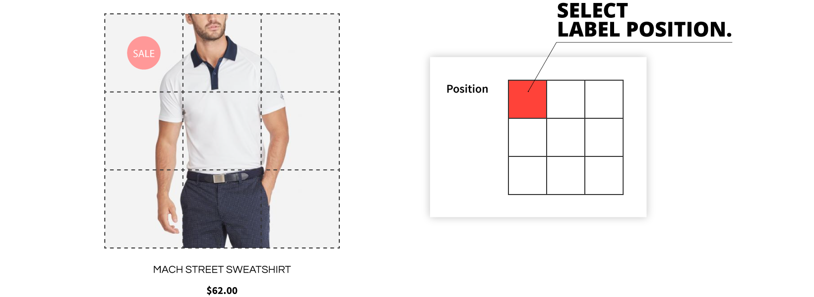 Magento 2 Product Labels Extension label positioning options example.