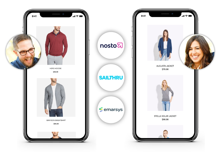 Magento 2 Order Tracking and SMS Notification Nosto, Sailthru, and Emarsys logos next to image of a phone engaged in shopping.