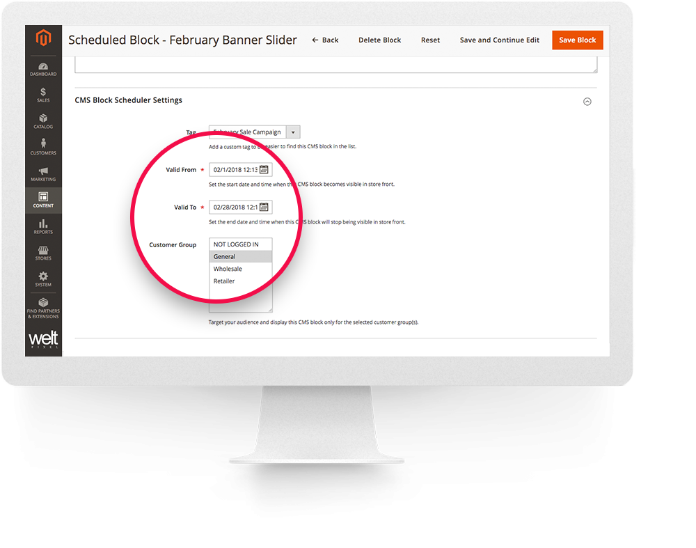 magento 2 cms block scheduler and targeting group scheduler