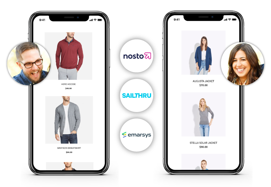 Magento 2 Order Tracking and SMS Notification Nosto, Sailthru, and Emarsys logos next to image of a phone engaged in shopping.